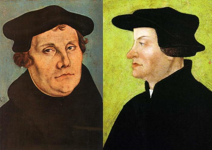 Luther on the left of the pro-real presence church and Zwingli on the right of the anti-real presence church!